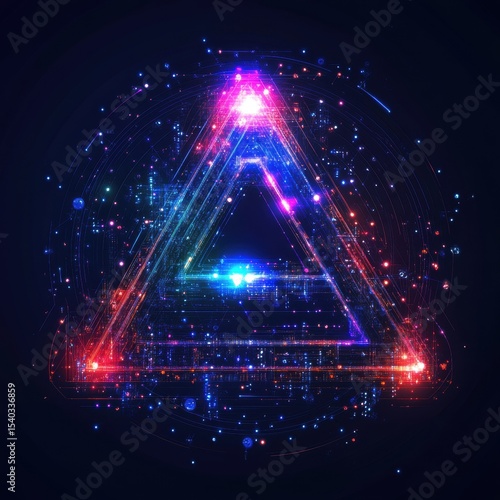 Glowing Triangle Shape With Abstract Data Stream on Dark Background