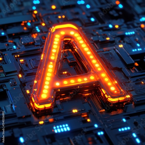 Glowing Letter A on Detailed Circuit Board Surface with Blue and Orange Lights