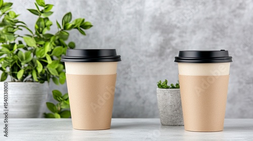 Wallpaper Mural Two disposable coffee cups on a light surface with plants Torontodigital.ca