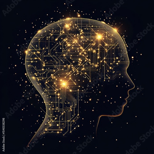 Abstract Human Head Profile Silhouette with Glowing Circuit Board Network