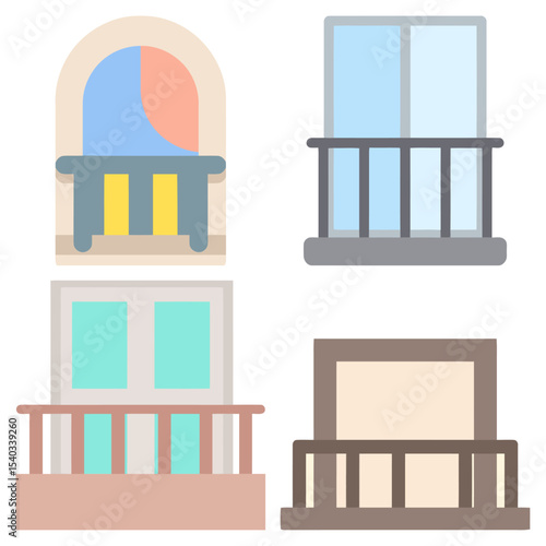 This collection features four distinct balcony designs, each with unique colors and structures.