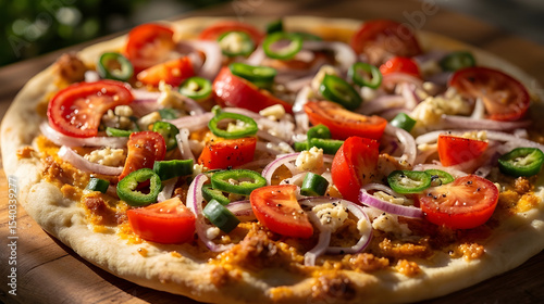Vegetable Pizza with tomato, onion, chili powder, garlic, and black pepper on wooden cutting board. AI-generated