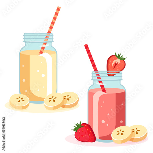 Strawberry and banana smoothies in mason jars with straws – colorful fruity summer drink vector illustration for kids party, seasonal design, holiday decor, textile prints, and food-related creative p