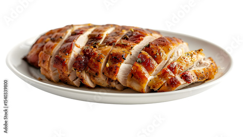 Grilled herb-crusted chicken breast slices, juicy and aromatic protein, ideal for healthy dinner, savory meal on white plate on a transparent background
