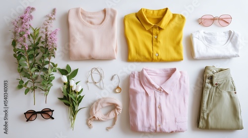 Fashionable spring outfit flat lay with clothing and accessories arranged on a white background