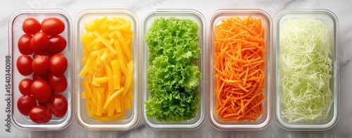 Five glass containers filled with fresh vegetables: cherry tomatoes, sliced yellow bell peppers, leafy lettuce, shredded carrots, and shredded cabbage.