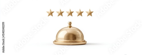 A golden hotel service bell with five gold stars above it, symbolizing luxury and top-rated hospitality service.