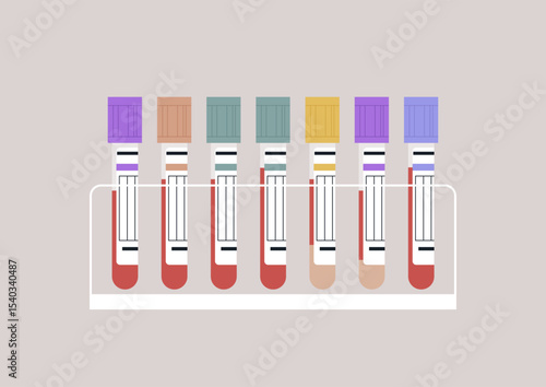 Vibrant blood test tubes are arranged neatly in a sleek holder, showcasing their unique colors and caps, symbolizing the critical role of laboratory testing in health assessments and diagnostics