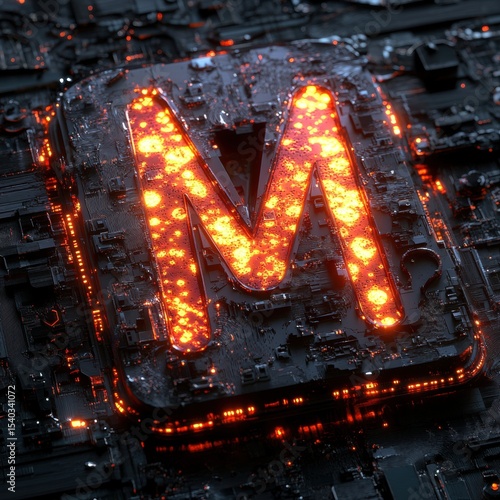 Letter M Glowing on Circuitry Board Close-up Graphic Design