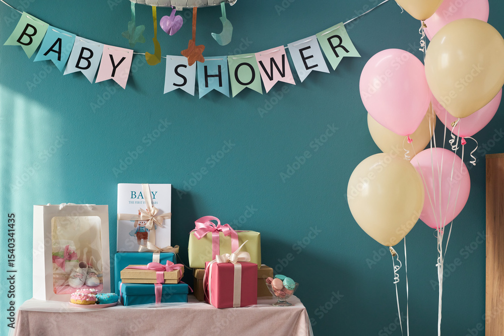 Fototapeta premium Table decorated for gender reveal party featuring wrapped gifts, cupcakes, pastel balloons and baby shower banner hanging on wall