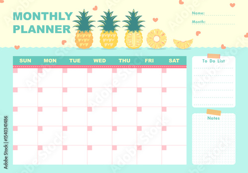 This cheerful monthly planner features a tropical pineapple theme with pastel colors, roomy date boxes, to-do list, and a notes section—perfect for organizing schedules with a cheerful, summery vibe.
