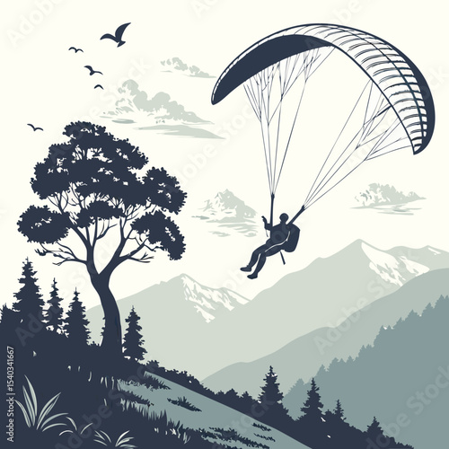 Vector Silhouette of Paraglider Soaring Above Majestic Mountain Valley A Breathtaking Aerial View