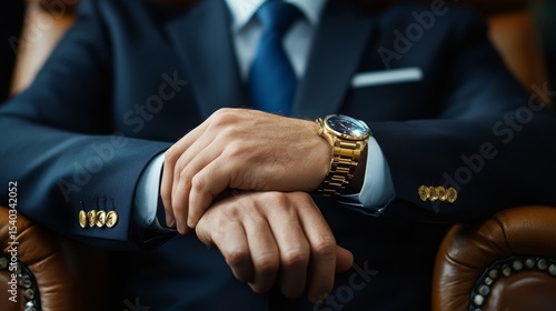 A man in a suit and tie is wearing a gold watch and is sitting in a chair