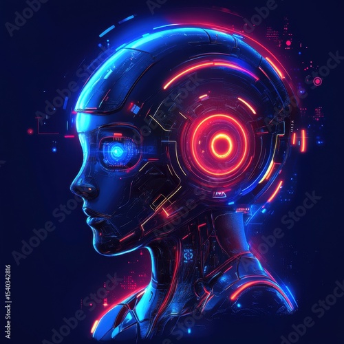 Profile view of a futuristic android female figure with glowing neon accents