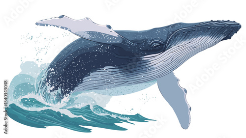 Illustration of a humpback whale breaching the water. The whale is depicted in shades of blue and grey, with its body partially submerged. Water splashes are visible around the whale, suggesting
