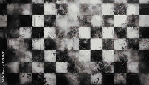  A highly expressive checkered pattern artwork with bold scratches and grunge aesthetics, featuring monochromatic black and white tones. Perfect for backgrounds