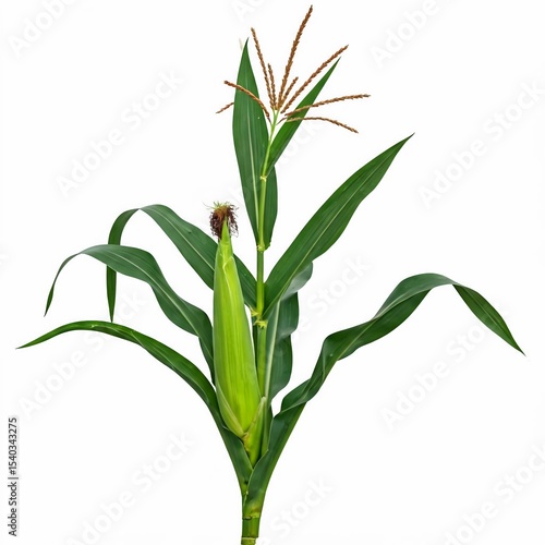  Corn stalk with ear and leaves sharp focus isolated on white.