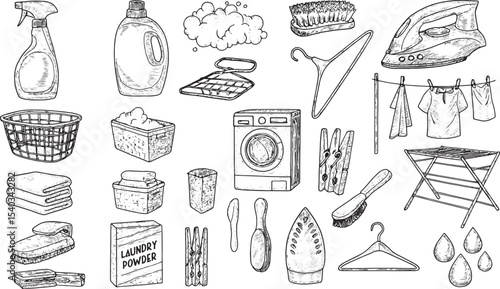 A detailed black-and-white sketch collection of laundry essentials, including detergent, fabric softener, washing machine, dryer, iron, hangers, clothespins, laundry basket, ironing board, and folded 
