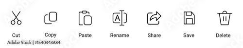 Set of Cut, copy, paste, rename, share, save and delete icon symbol in line style, vector illustration .