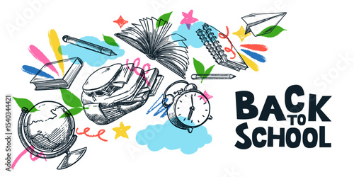 Back to school banner poster design. Vector illustration. Flying backpack, books, globe, pens, clock, clouds, leaves