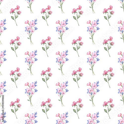 Seamless floral pattern minimalist repeating background with watercolor flower and leaf bouquets. Fabric wallpaper print texture. Perfectly for backdrop, wrapped paper.