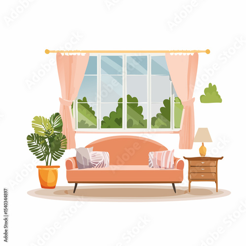 Elegant Interior Design Peach Sofa, Lush Greenery, and Sunlit Window