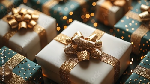 A collection of festive gift boxes wrapped in shimmering ribbons