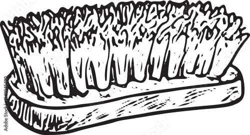 A black-and-white sketch of a scrub brush with sturdy bristles, designed for stain removal, ideal for laundry and household cleaning tasks