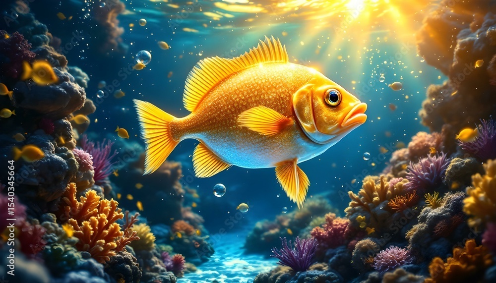 Golden fish with shimmering scales and glowing fins swimming through a digital golden underwater scene with radiant light effects . Golden fish with shimmering scales and glowing fins swimming through a digital golden underwater scene with radiant light effects .