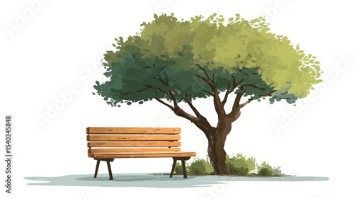 A digital painting depicting a simple scene of a wooden bench situated under a large, leafy tree. The style is painterly, with visible brushstrokes. The colors are predominantly greens and browns