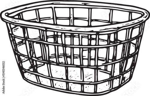 A black-and-white sketch of a woven laundry basket, designed for carrying and storing clothes, ideal for laundry and household organization