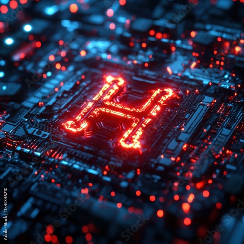Glowing Letter H Integrated on a Dark Circuit Board with Red and Blue Lights