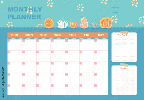 Monthly planner with pumpkins and cute elements in flat cartoon style. Schedule template, monthly planner for printing. Cartoon pumpkins vector illustration for kids. To do list, Notes.