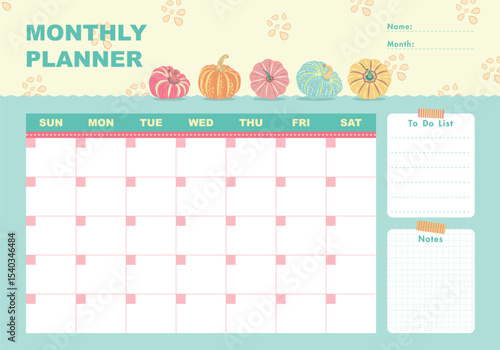 Monthly planner with pumpkins flat cartoon style. Schedule template, monthly planner for printing. Cartoon pumpkins vector illustration for kids. To do list, Notes. Summer vacation.