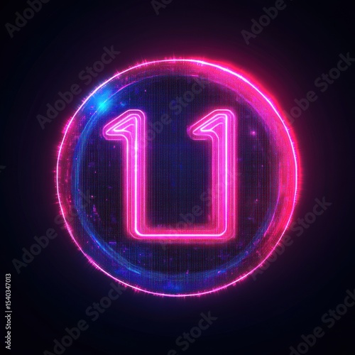 Glowing Neon Number Eleven Inside Circular Frame with Pixelated Surface