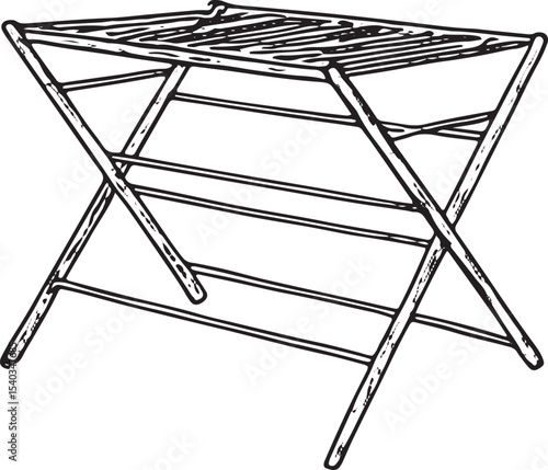 A black-and-white sketch of a foldable ironing board, designed for efficient clothes pressing, perfect for laundry and home ironing tasks