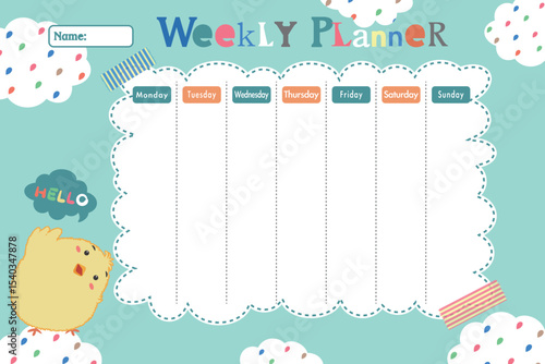 Childish weekly Planner with cartoon chicken and cute elements. Schedule template, weekly planner for printing. Cartoon vector illustration for kids.