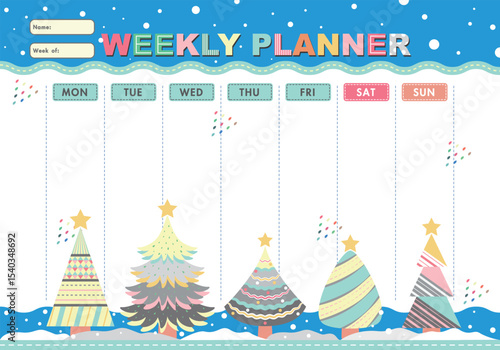 Childish Weekly Planner with cartoon Christmas trees and cute elements. Schedule template, weekly planner for printing. Cartoon vector illustration for kids. Blue background.
