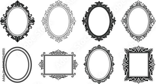 Vintage frame vector, ornate border design, baroque style illustration, decorative antique frame, classic picture frame, black and white frame set, retro ornamental art