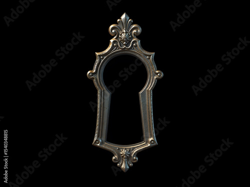 Ornate vintage keyhole with metallic decoration on black background, ideal for mystery or secret concept. Generative AI