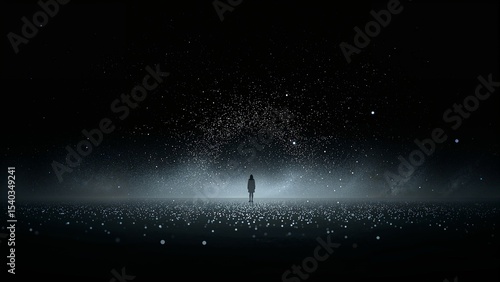 Contemplative cityscape scenes blending surreal geometry, lone silhouettes, and dreamlike elements under starlit skies — a poetic fusion of solitude, light, and cosmic reflection.