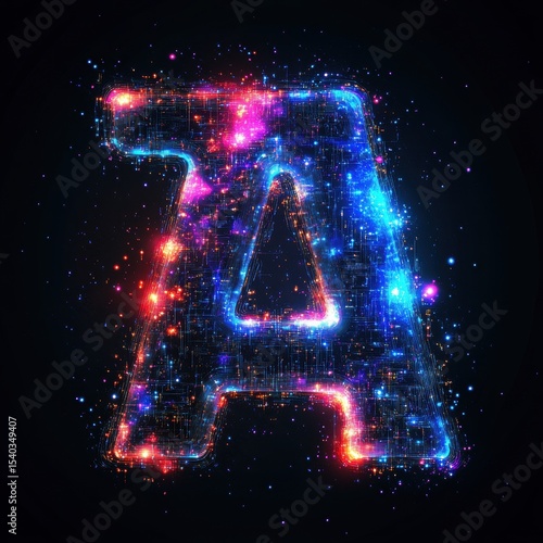 Glowing Letter A with Complex Circuitry and Starry Light in Dark Space
