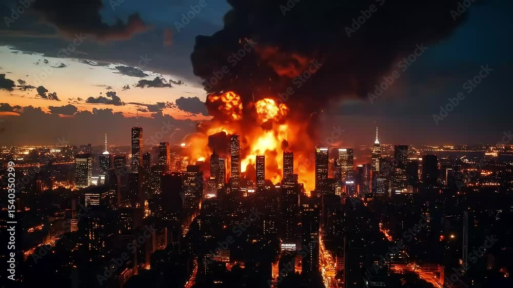 Explosive Fireball Erupts Over a City Skyline at Dusk, Cinematic Wide Aerial View Explosive Fireball Erupts Over a City Skyline at Dusk, Cinematic Wide Aerial View