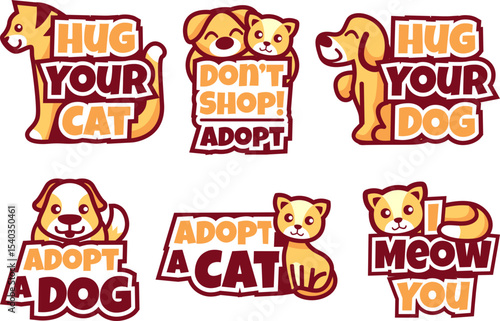 Adorable Pet Adoption Stickers Hug Your Cat & Dog, Adopt Don't Shop