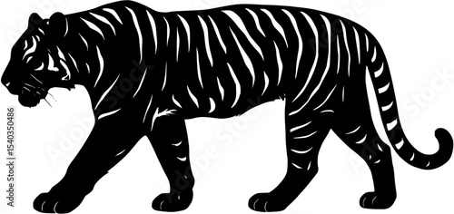 Minimal black silhouette of a tiger in dynamic pose, symbolizing strength, power, and wildlife, perfect for animal, nature, and conservation design projects