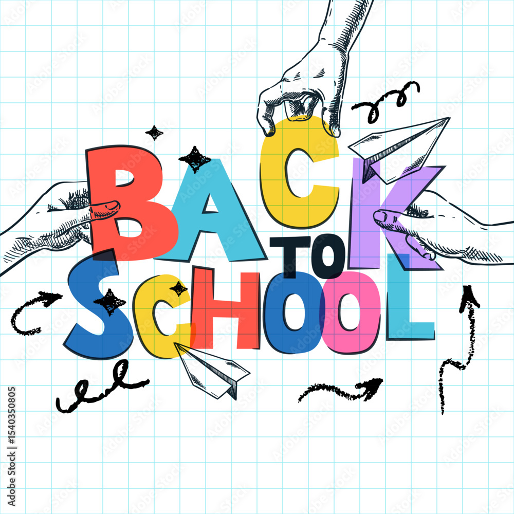 Obraz premium Back to school banner or poster design elements. Vibrant letters in kids hands. Vector illustration. Education concept