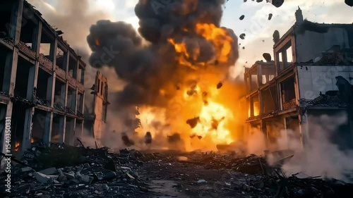 Massive explosion and destruction in a war-torn city with damaged buildings and debris