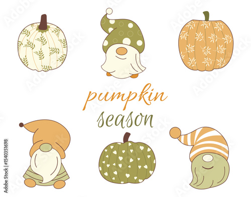 illustration for fall designs Pumpkins and gnomes in autumn colors Vector illustration