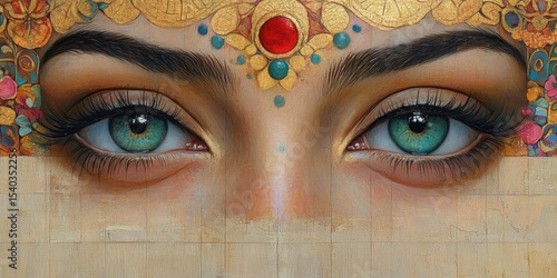 Eye level close-up of a woman with turquoise eyes wearing decorative gold jewelry