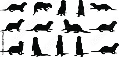 Otter silhouette vector set, wild animal shape collection, standing and sitting otters, black otter illustration, aquatic mammal clipart, nature symbol design art